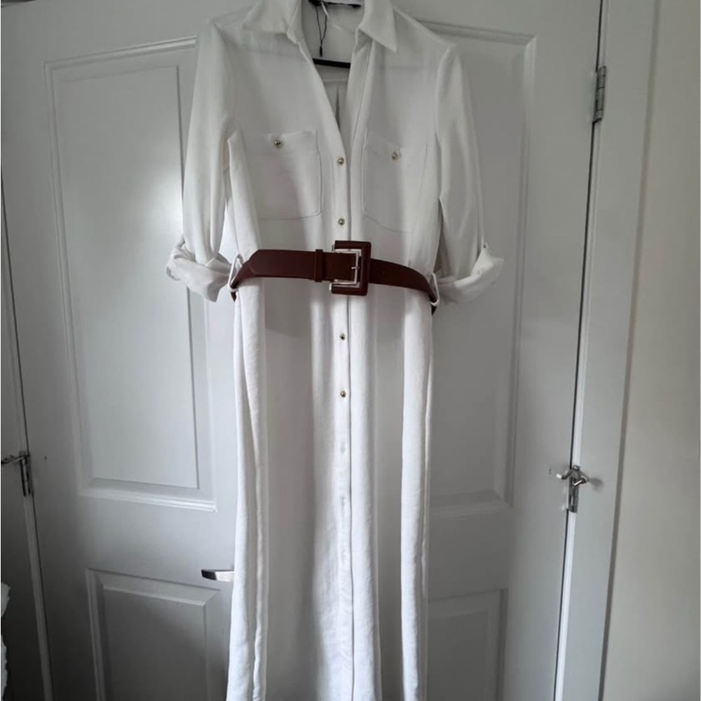 Zara White Maxi Dress with Brown Belt